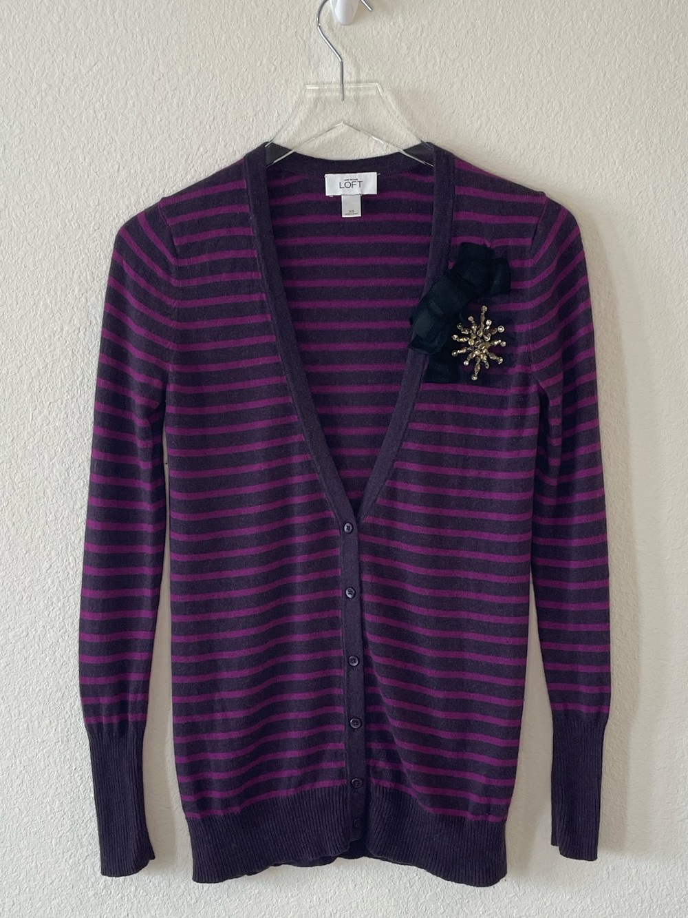 LOFT Bow Embellished Purple Striped V-Neck Cardigan